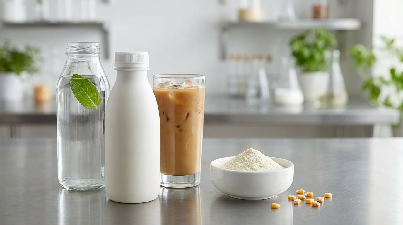A dynamic composition of various ready-to-drink beverages like fiber water, protein shakes, and RTD coffee, visually linked to the resistant dextrin powder ingredient