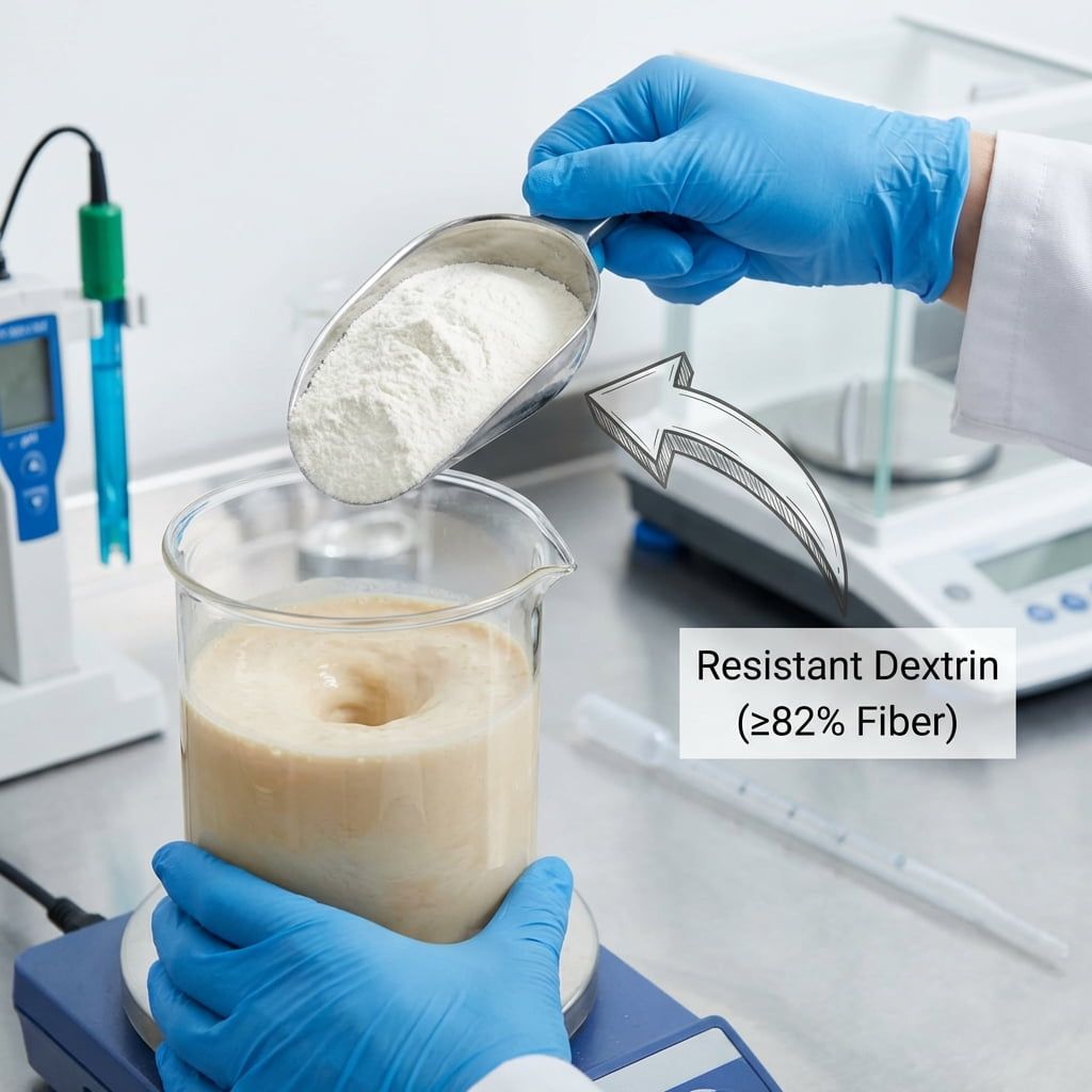 A close-up view of a food scientist formulating a high-protein, high-fiber shake in a lab, showing resistant dextrin powder being added to the mixture