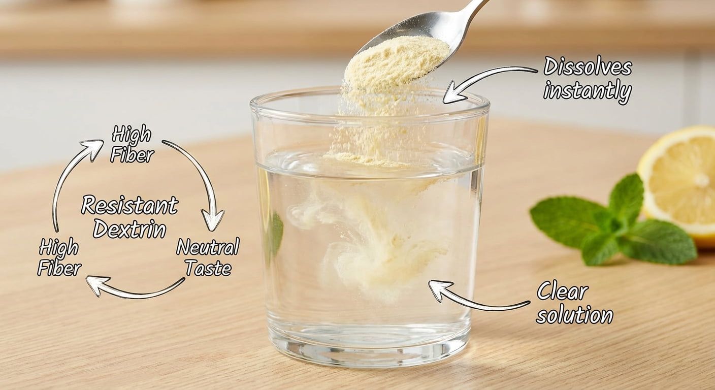 Resistant dextrin powder dissolving cleanly into water demonstrating high solubility
