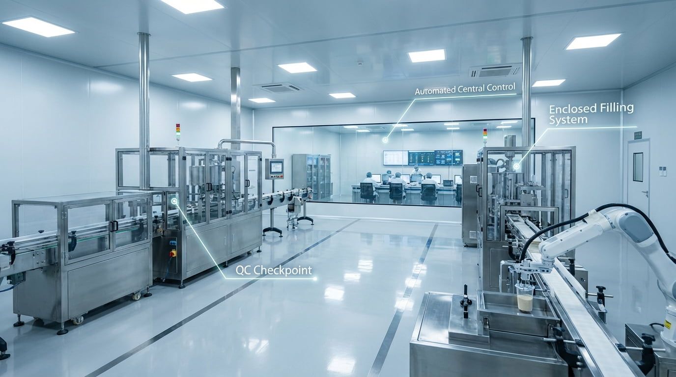 Automated GMP fiber production line with quality control stations