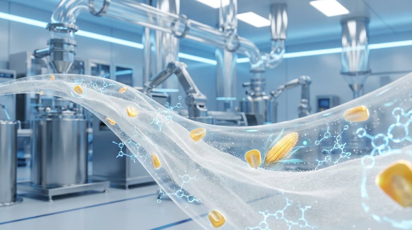 A futuristic concept image representing the 2026 tech trends in the resistant dextrin supply chain