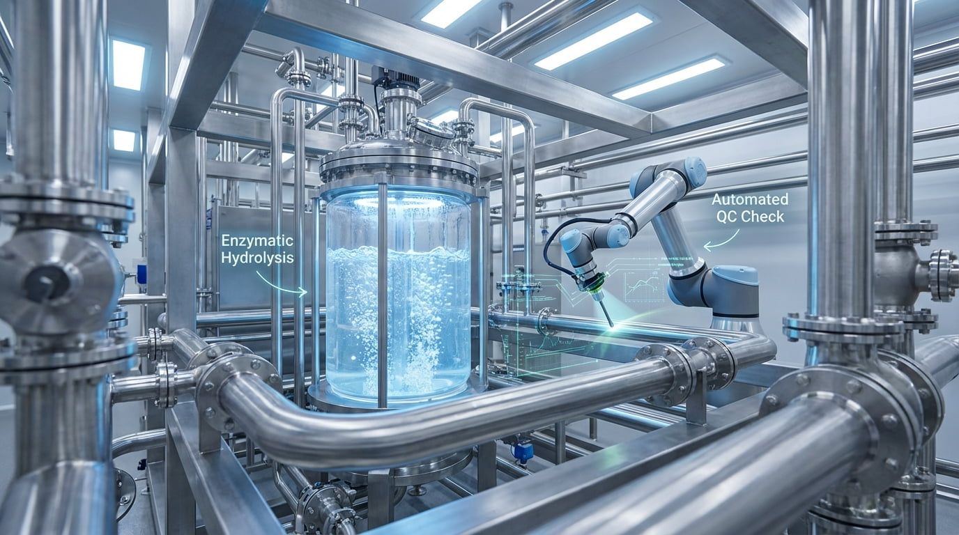 An immersive view inside an automated food ingredient factory showing enzymatic hydrolysis bioreactors