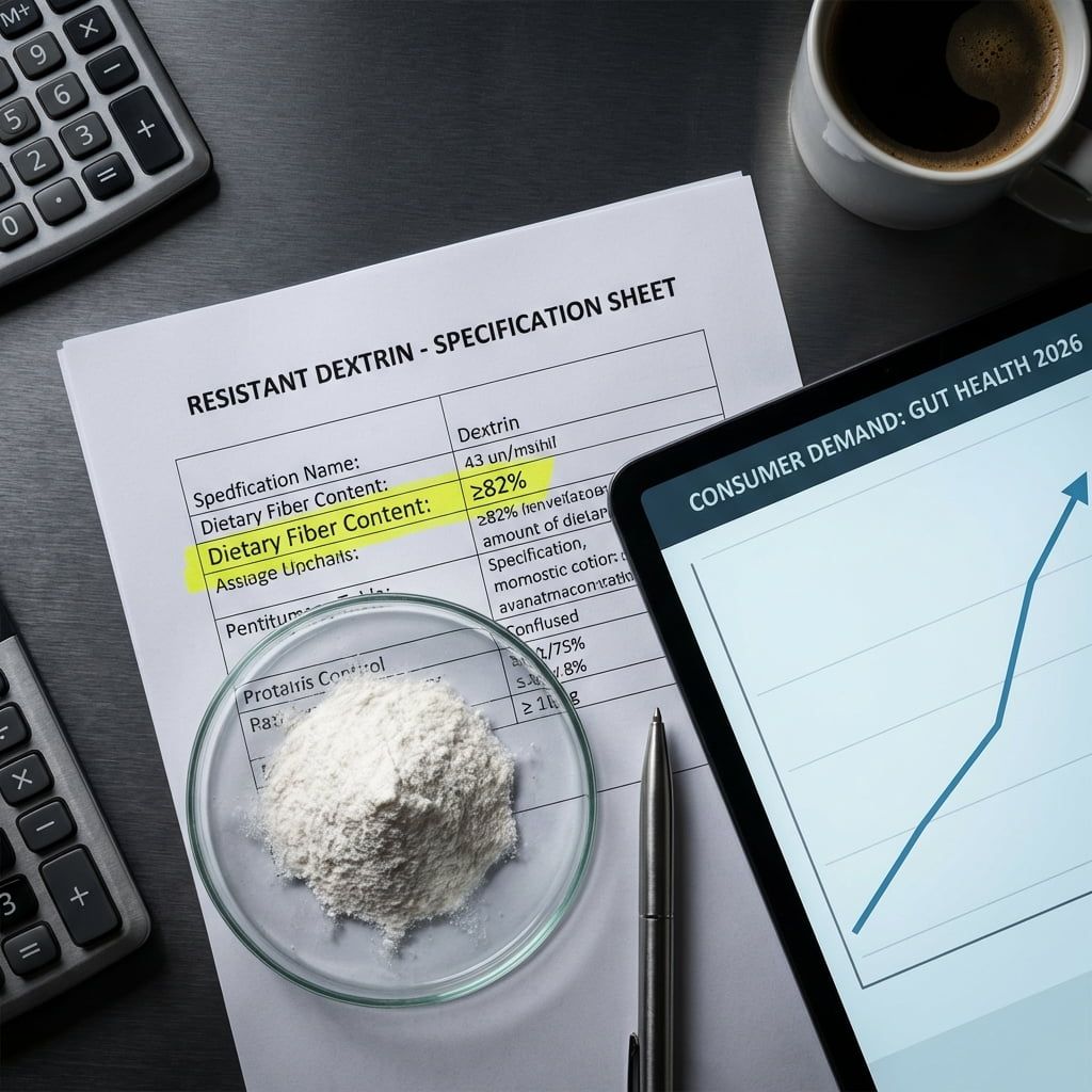 Procurement desk displaying resistant dextrin technical specifications and COA