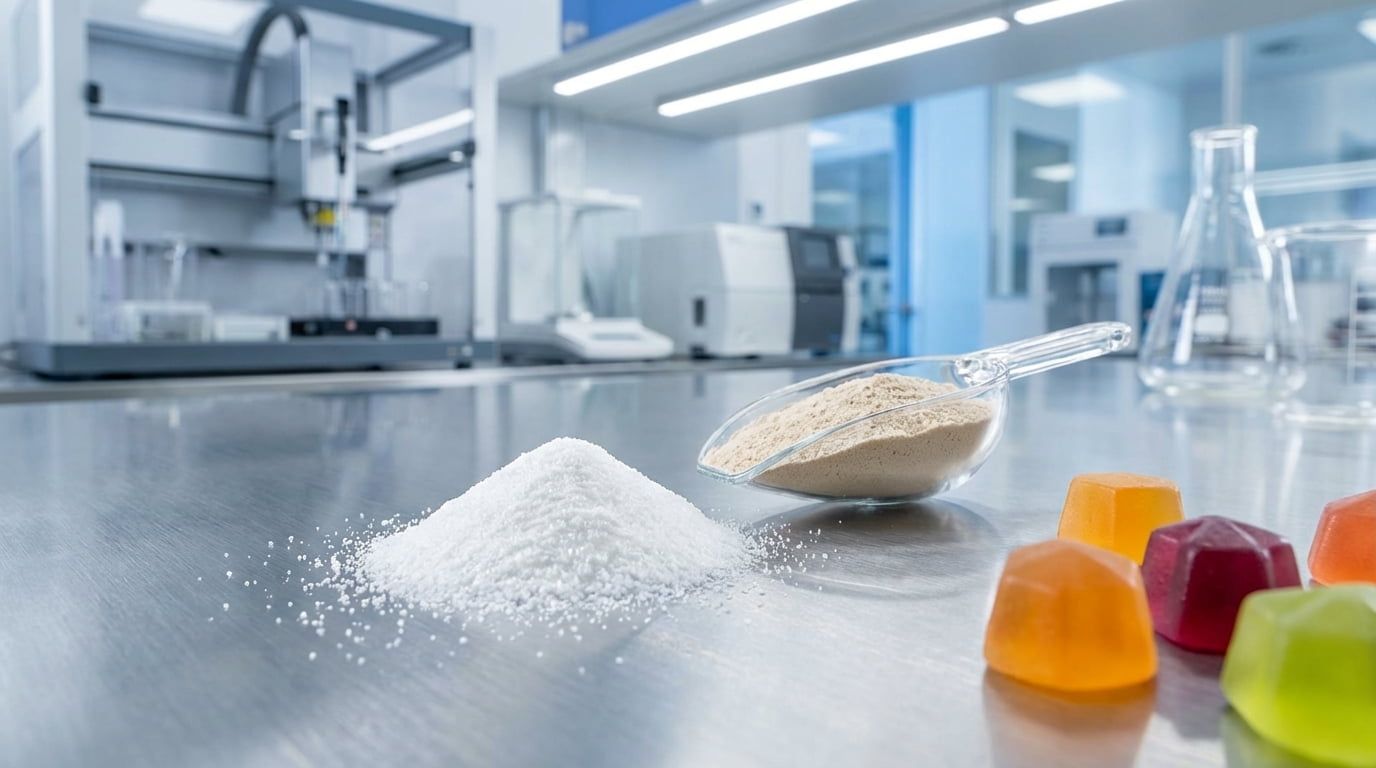 A professional banner for a 2026 guide on sourcing resistant dextrin, showing diet powders and gummies in a modern laboratory setting.