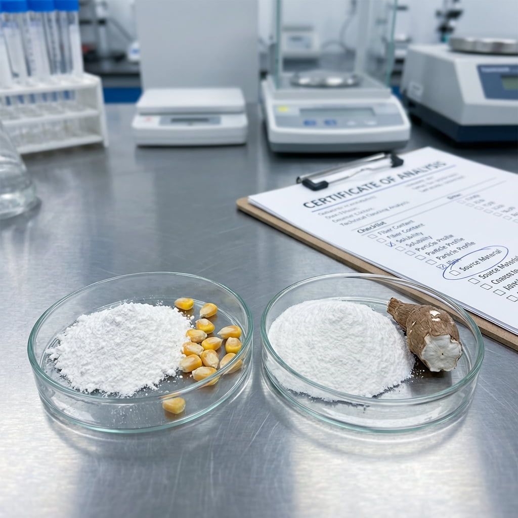 An immersive close-up shot comparing maize-derived and tapioca-derived resistant dextrin powders in a quality control lab setting.