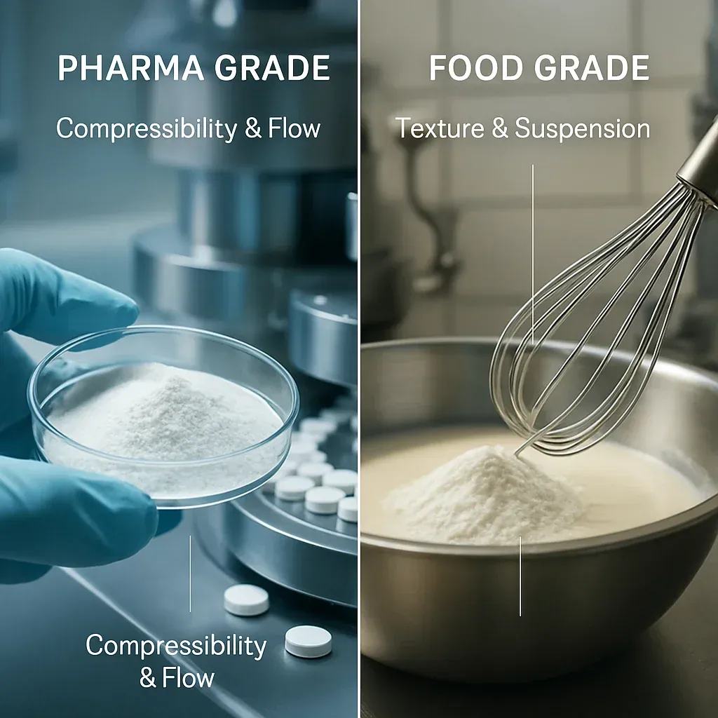 A split-screen comparison showing microcrystalline cellulose being used in a pharmaceutical lab for tablets versus in a food production facility for texture.