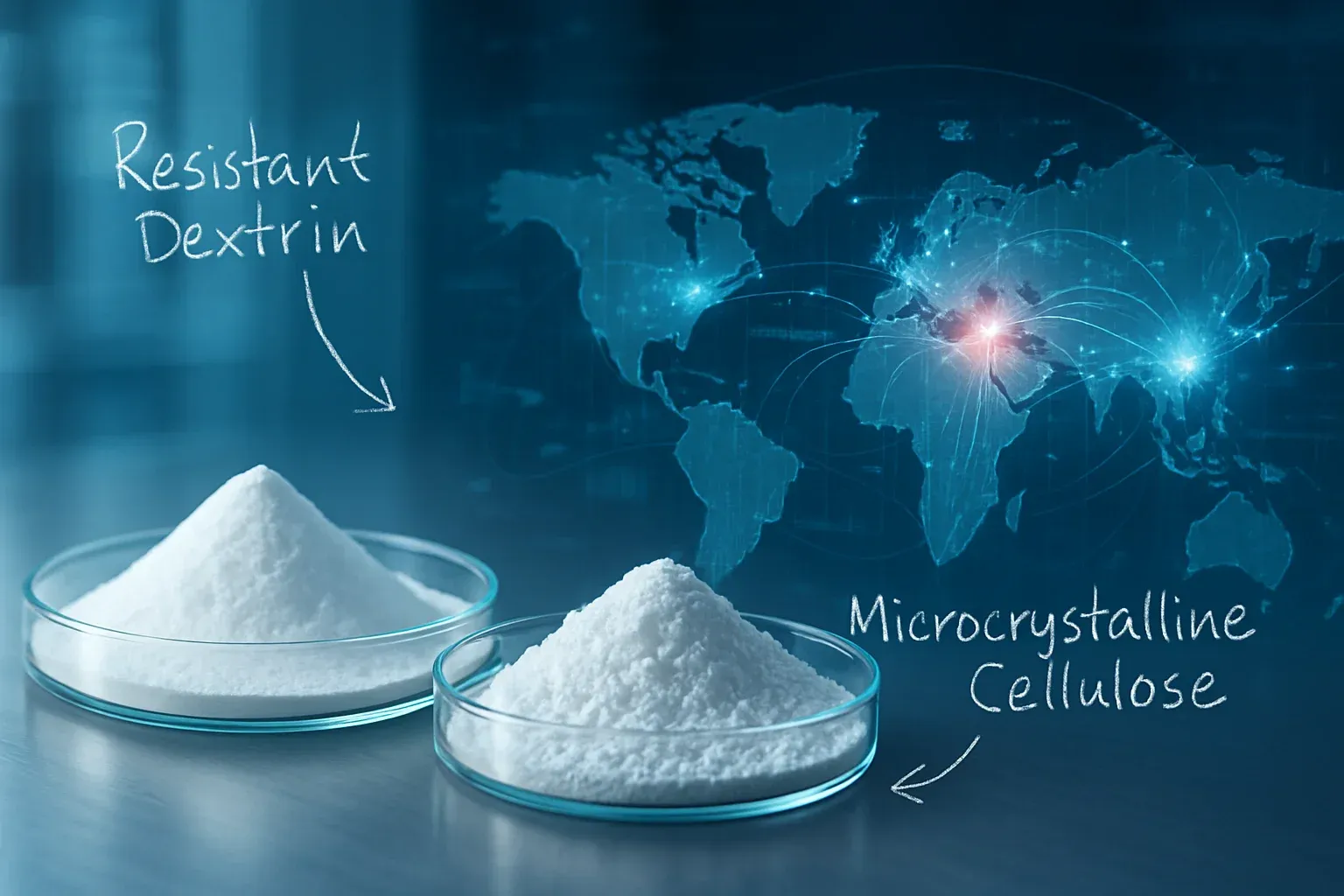 A futuristic concept image representing the 2026 sourcing of resistant dextrin and microcrystalline cellulose from China, showing ingredients and data.