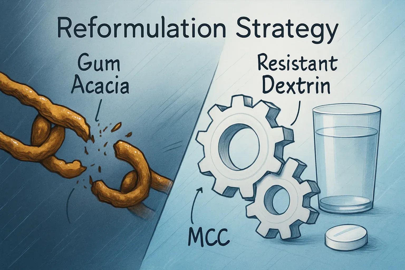 Gum acacia reformulation strategy using resistant dextrin and MCC