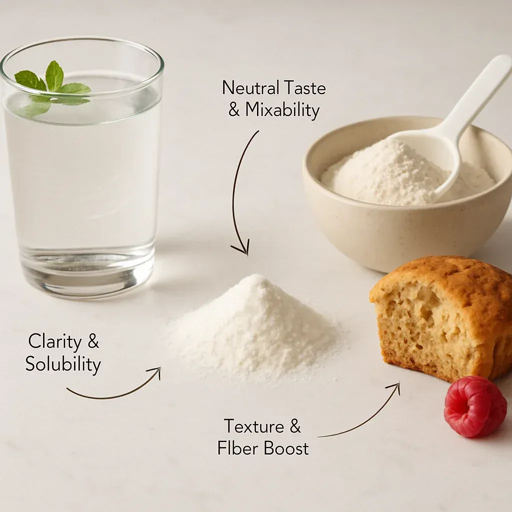 Versatile applications of resistant dextrin in beverages, powders, and baked goods