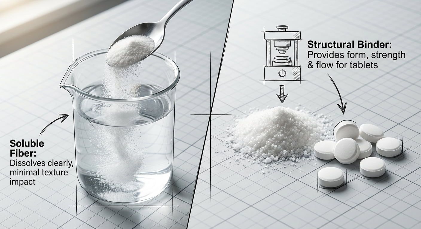 A visual comparison showing resistant dextrin dissolving in a liquid for soluble fiber