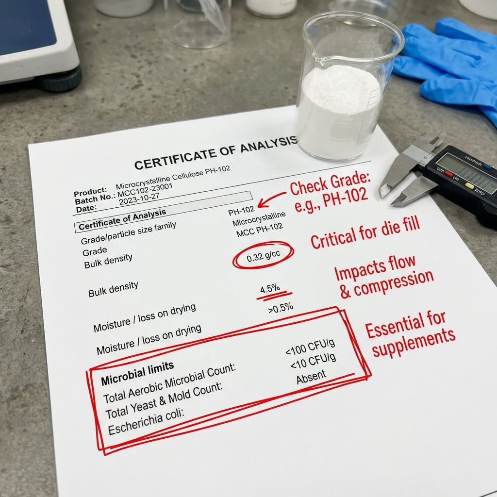 An annotated Certificate of Analysis for Microcrystalline Cellulose (MCC) highlighting key quality control parameters.