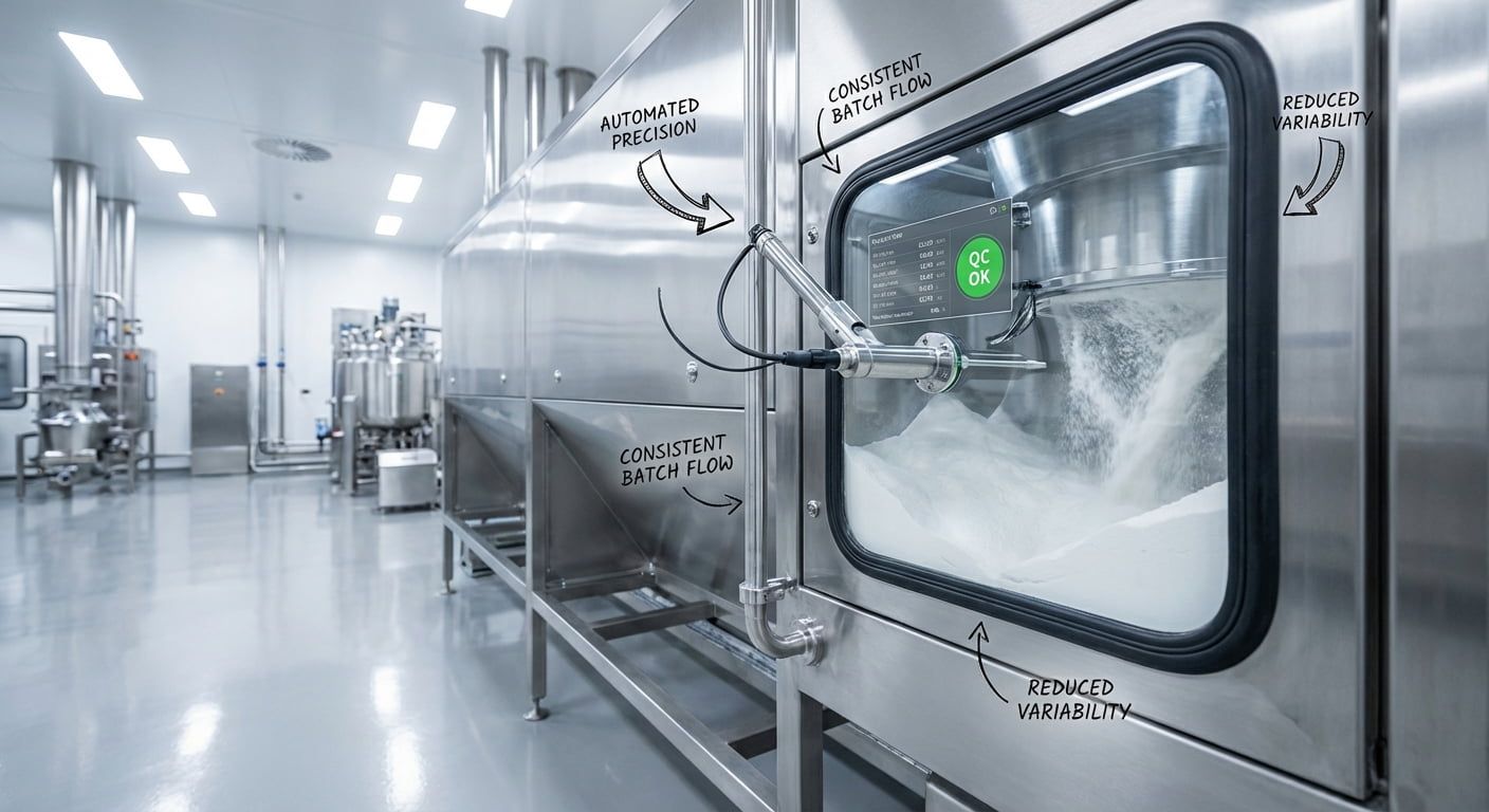Automated production line reducing total cost of ownership in ingredient manufacturing
