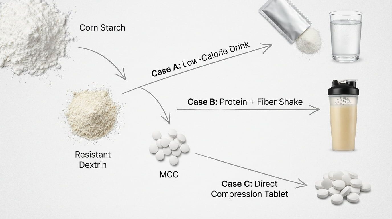 Infographic showing corn starch processing into Resistant Dextrin and MCC