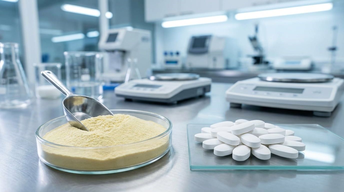 A professional split-view of Resistant Dextrin powder and MCC tablets in a quality control lab setting