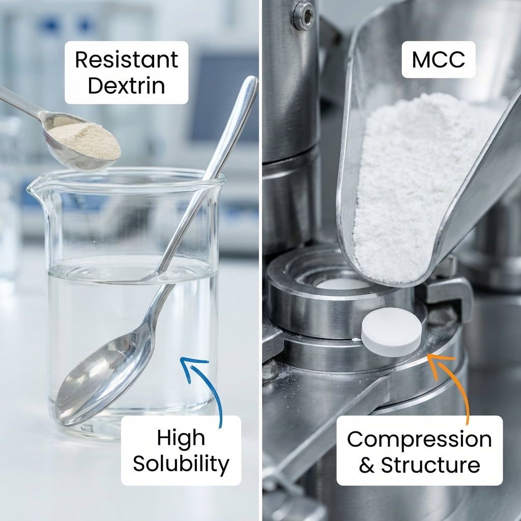 A visual comparison showing resistant dextrin dissolving in a beverage and MCC being pressed into tablets
