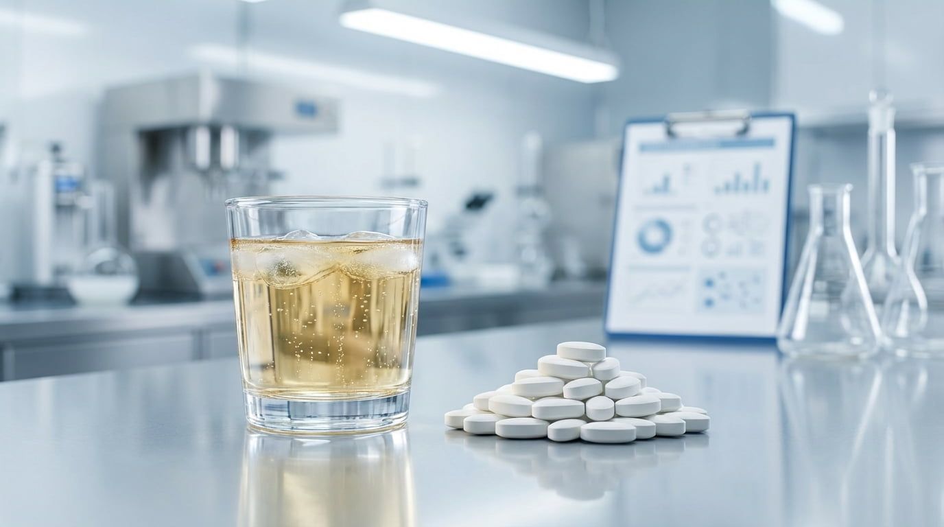Laboratory setting showing resistant dextrin specifications alongside finished beverage and supplement products