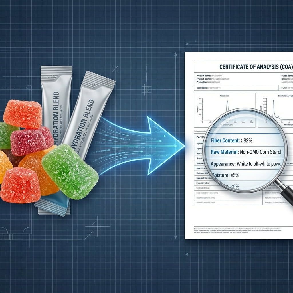 An illustration showing the process of turning a consumer product concept, like gummies, into a detailed technical specification sheet for a supplier.