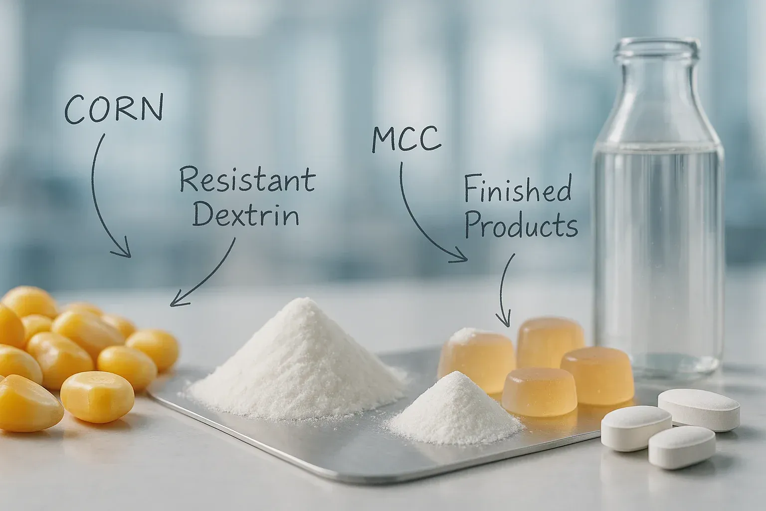 A conceptual image showcasing the journey of resistant dextrin and MCC from raw materials to finished products like beverages, confectionery, and tablets.