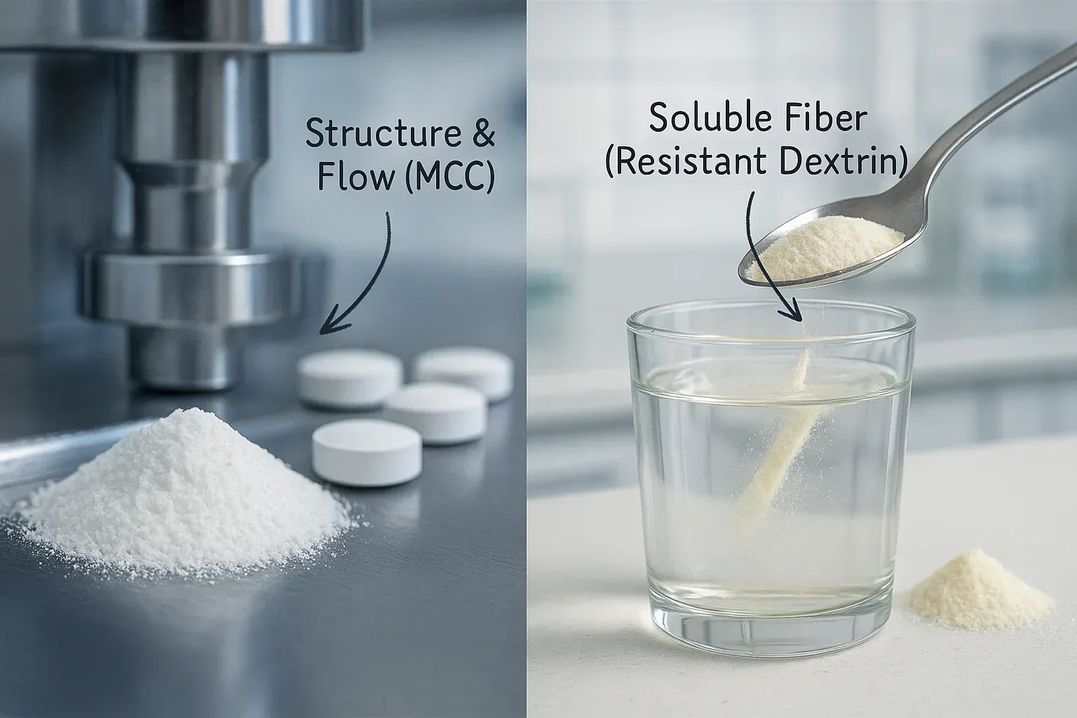 Comparison of MCC in tablets vs resistant dextrin in clear beverages