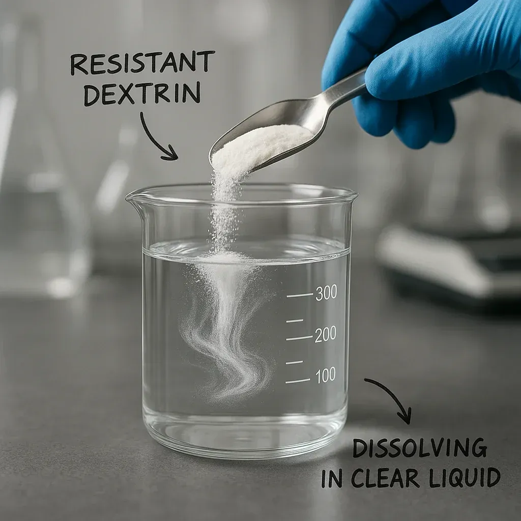 A close-up of resistant dextrin powder dissolving perfectly into a clear, low-sugar beverage without haze or sediment.