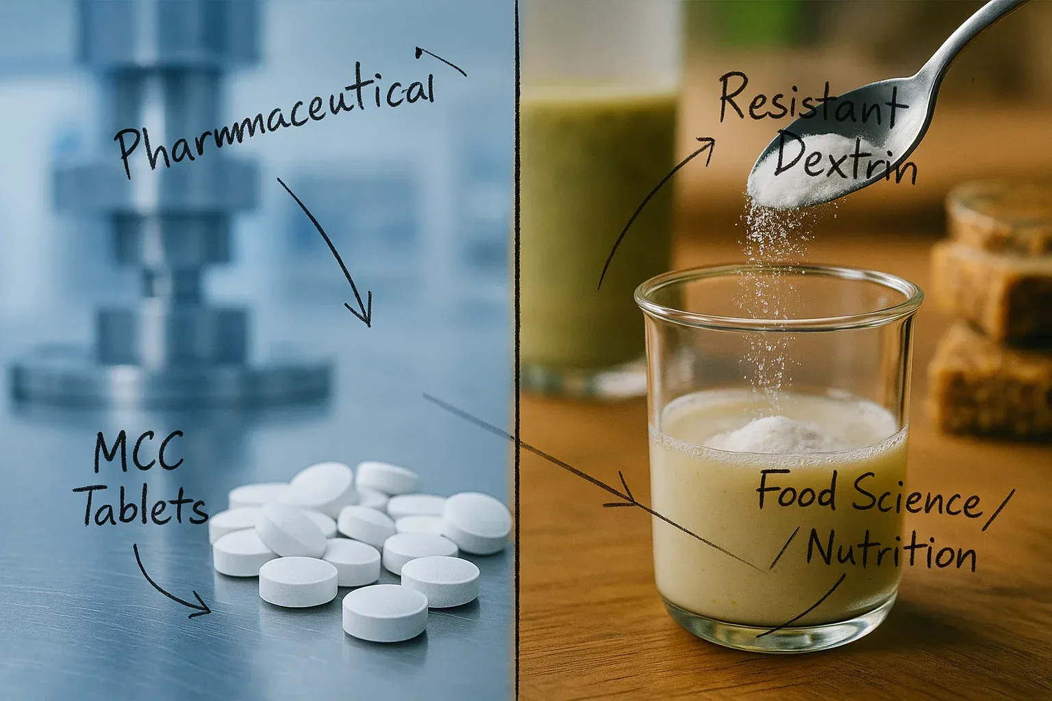 Contrasting pharmaceutical MCC tablets with food science resistant dextrin powder applications