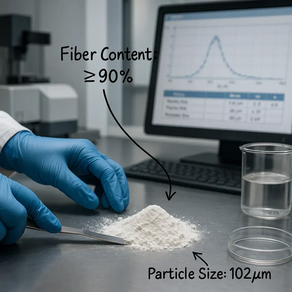 A close-up of a technician in a QC lab testing a white powder sample of resistant dextrin