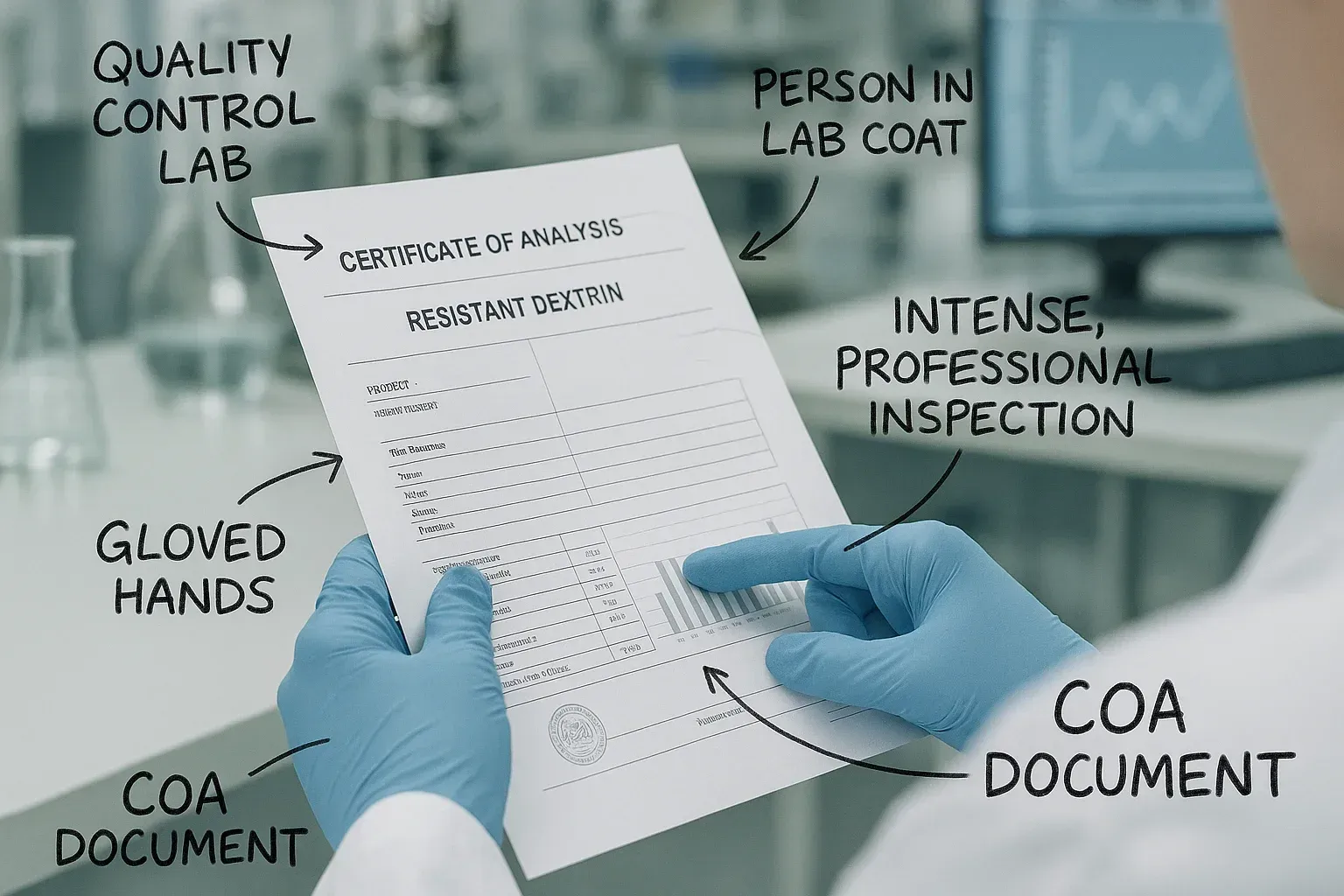 Quality control specialist examining a Certificate of Analysis for resistant dextrin