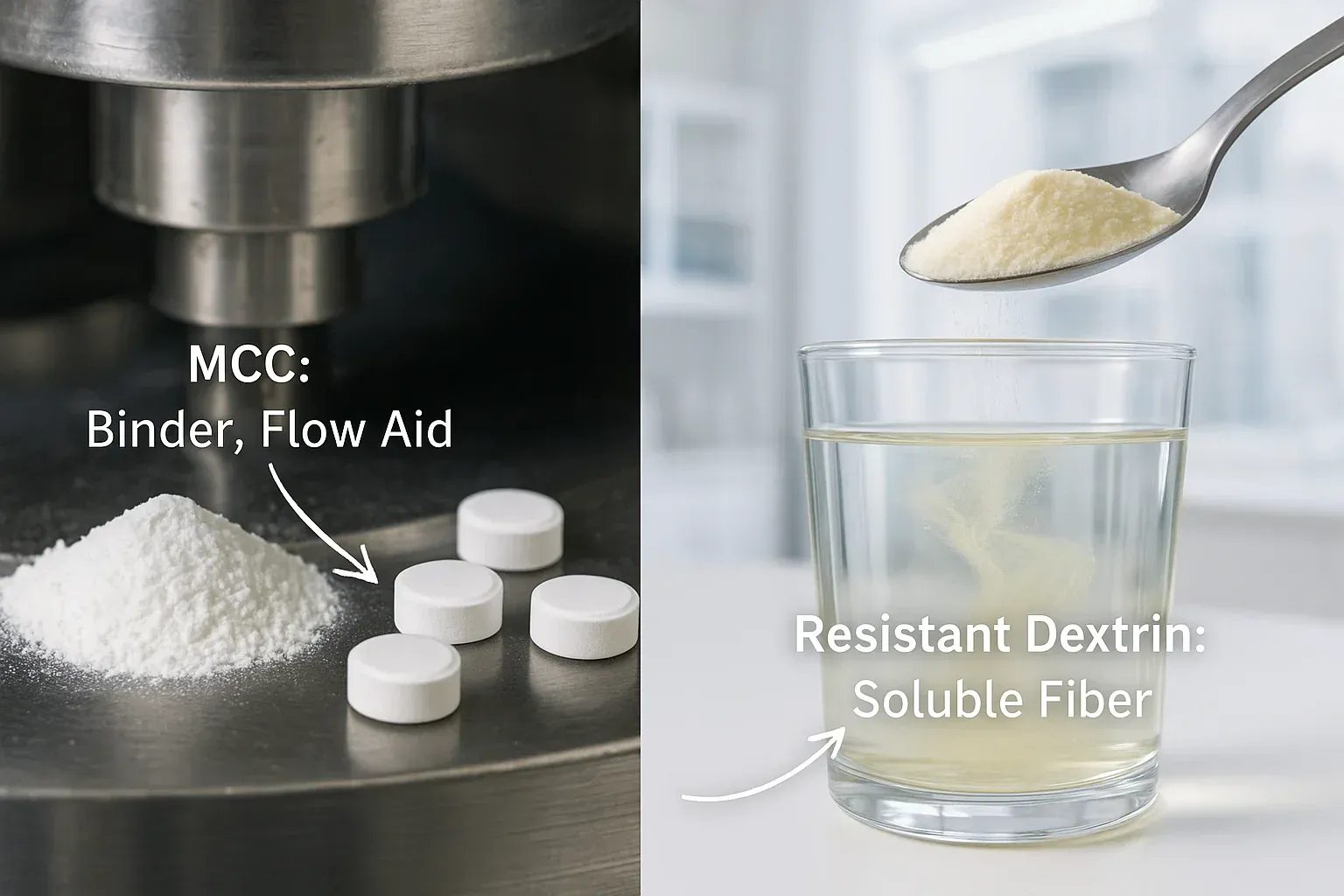 A split-screen image showing MCC used in pharmaceutical tablets and resistant dextrin dissolving in a beverage, highlighting their distinct applications.