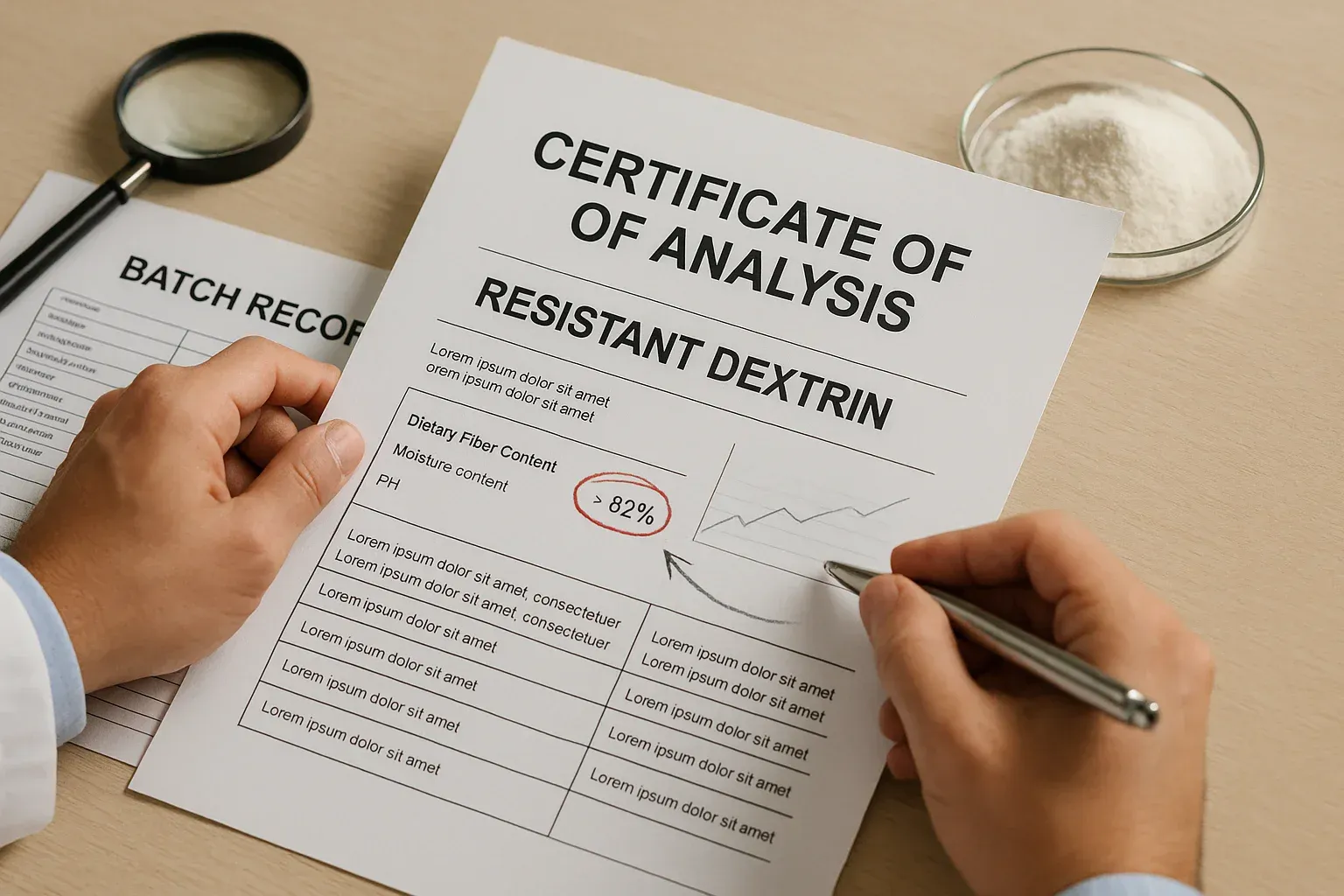 Auditor reviewing COA and batch records for supplier compliance