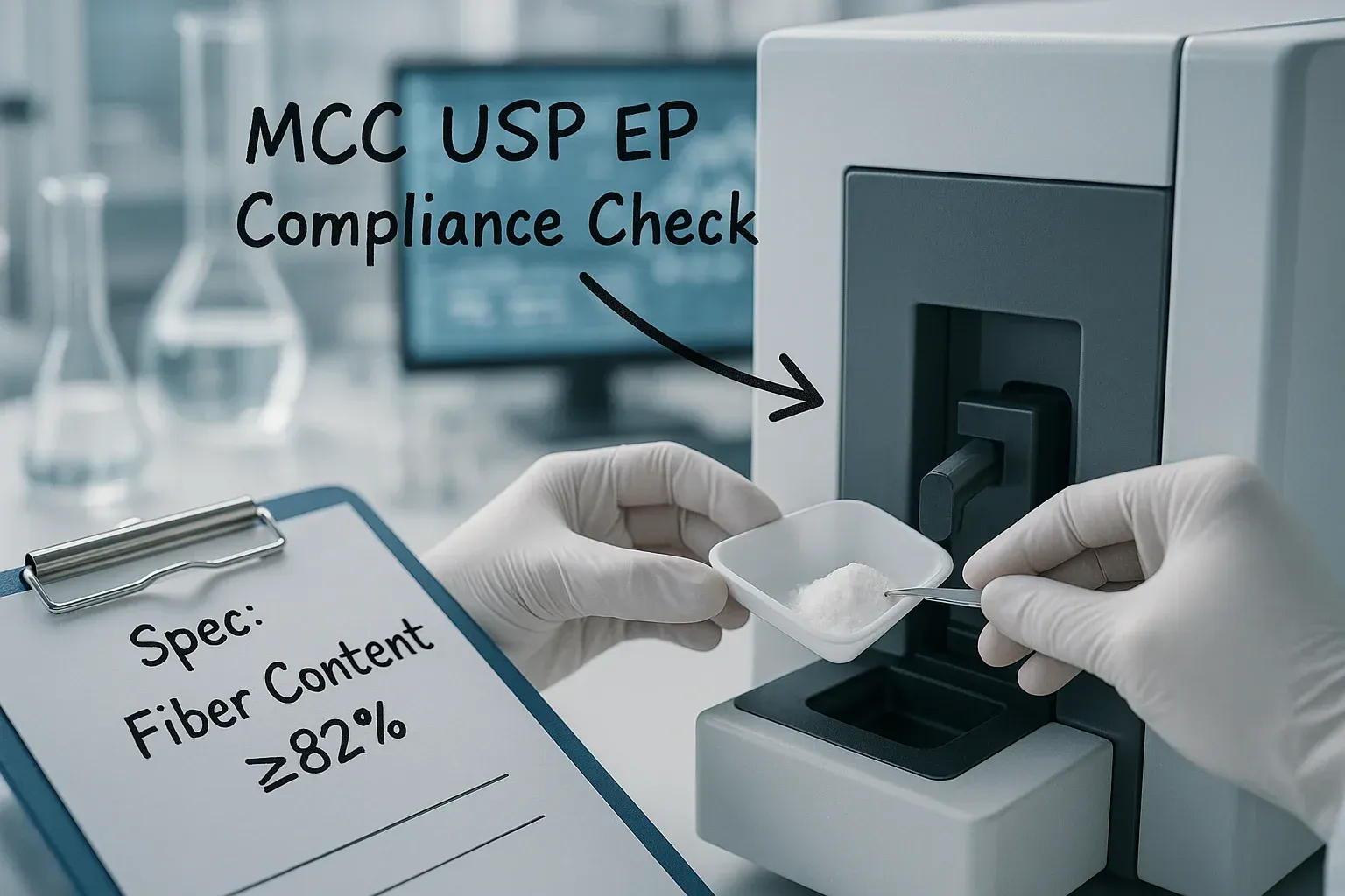 A close-up view inside a modern quality control laboratory testing white powder samples