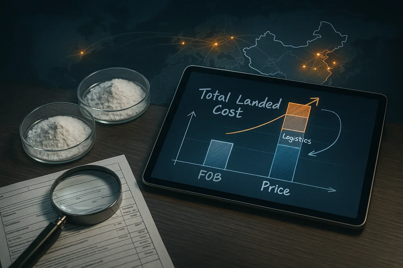 A strategic overview of sourcing microcrystalline cellulose and resistant dextrin from China, illustrating the concept of total landed cost versus simple FOB price.