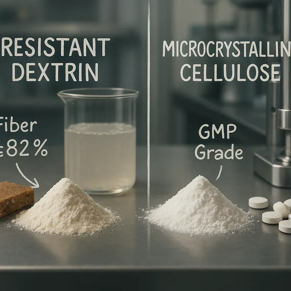 A visual comparison of quality control checks for resistant dextrin and microcrystalline cellulose in a lab setting.