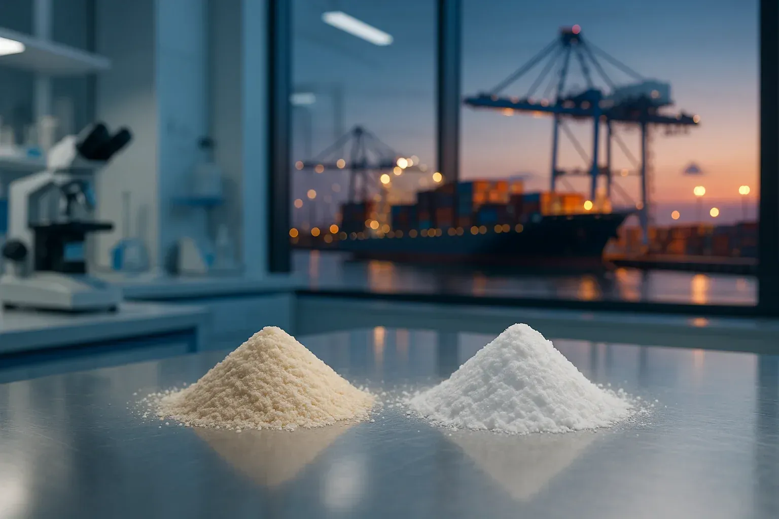 A conceptual banner for the 2026 outlook on sourcing resistant dextrin and microcrystalline cellulose from China, showing a modern lab and global supply chain.