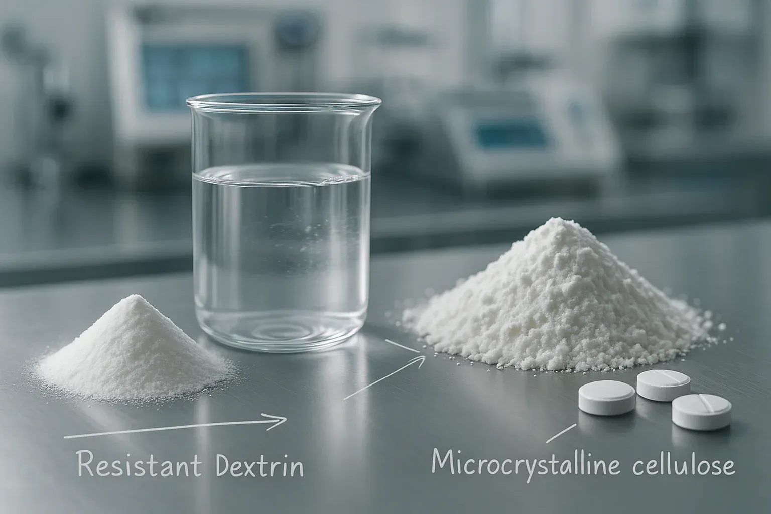 A professional composition showing resistant dextrin powder dissolving in water and microcrystalline cellulose with tablets
