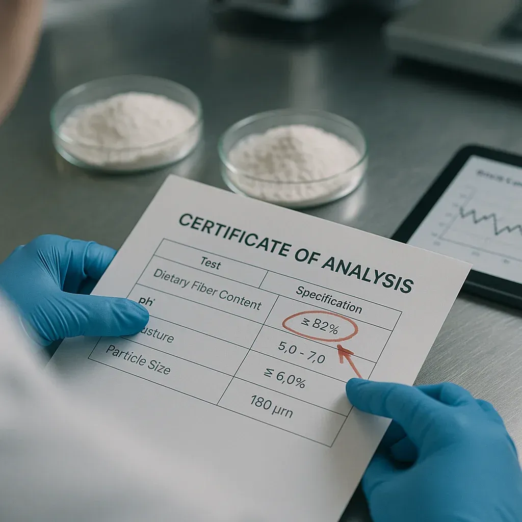 An expert in a lab coat analyzes a Certificate of Analysis COA for resistant dextrin