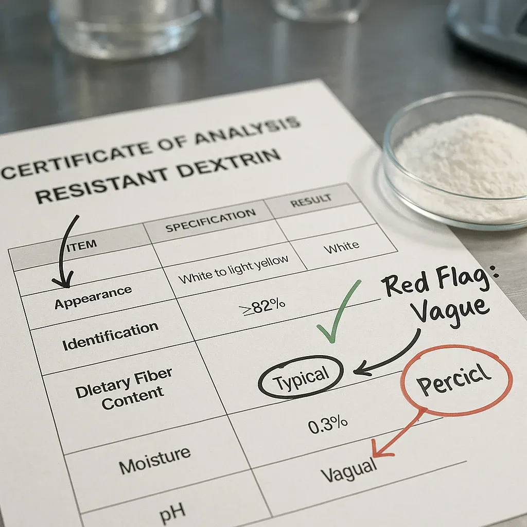 An illustration of a Certificate of Analysis (COA) for resistant dextrin being analyzed for quality control
