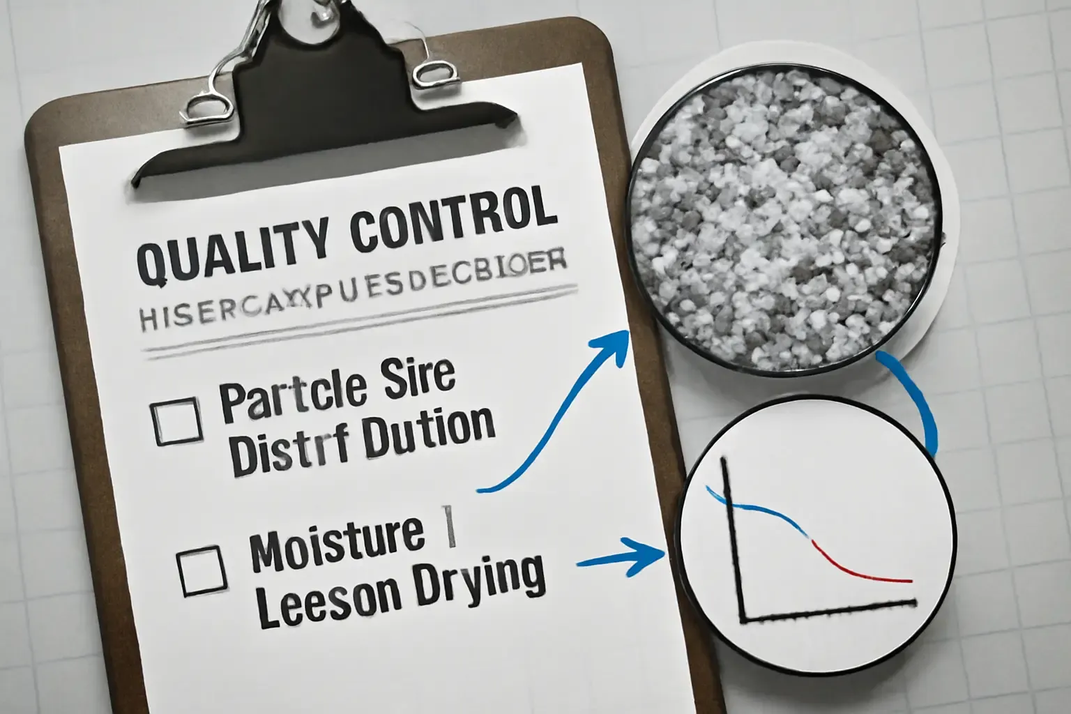 A visual representation of a quality control checklist comparing particle size and moisture for microcrystalline cellulose.