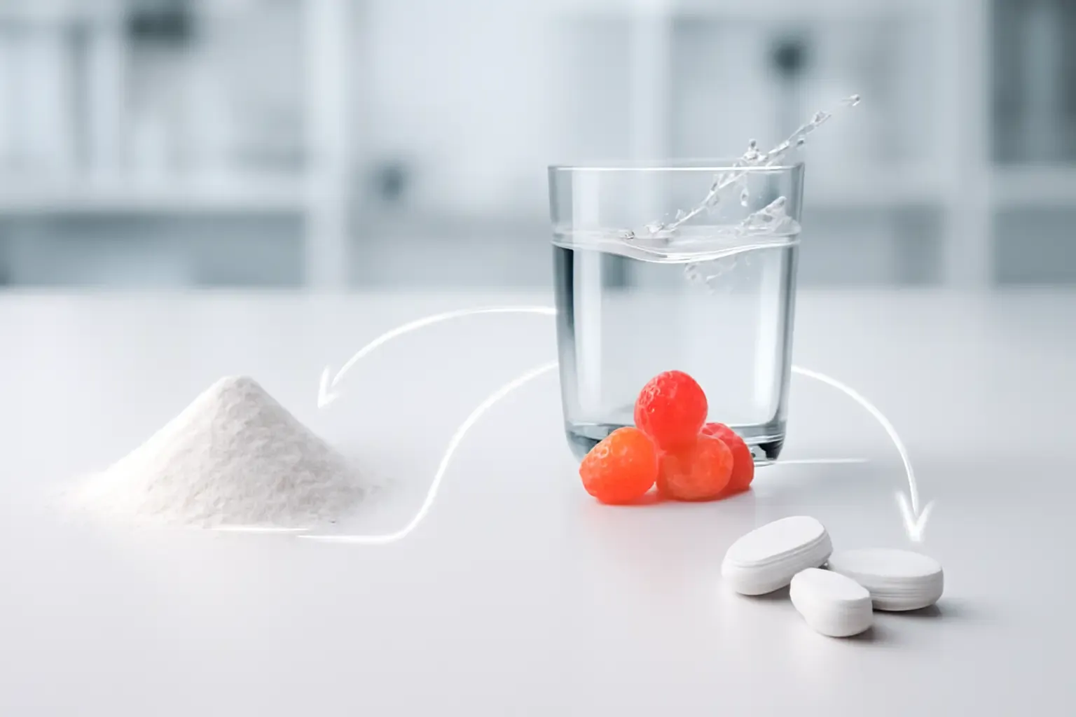 A conceptual triptych showing resistant dextrin powder being formulated into a clear beverage, fiber gummies, and compact tablets