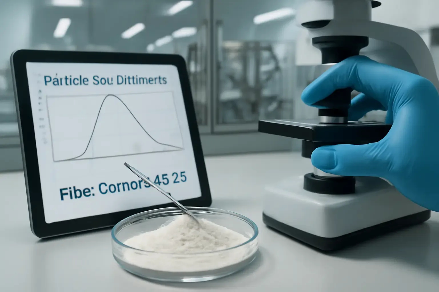 Technician analyzing resistant dextrin powder in a modern QC lab with automated production background