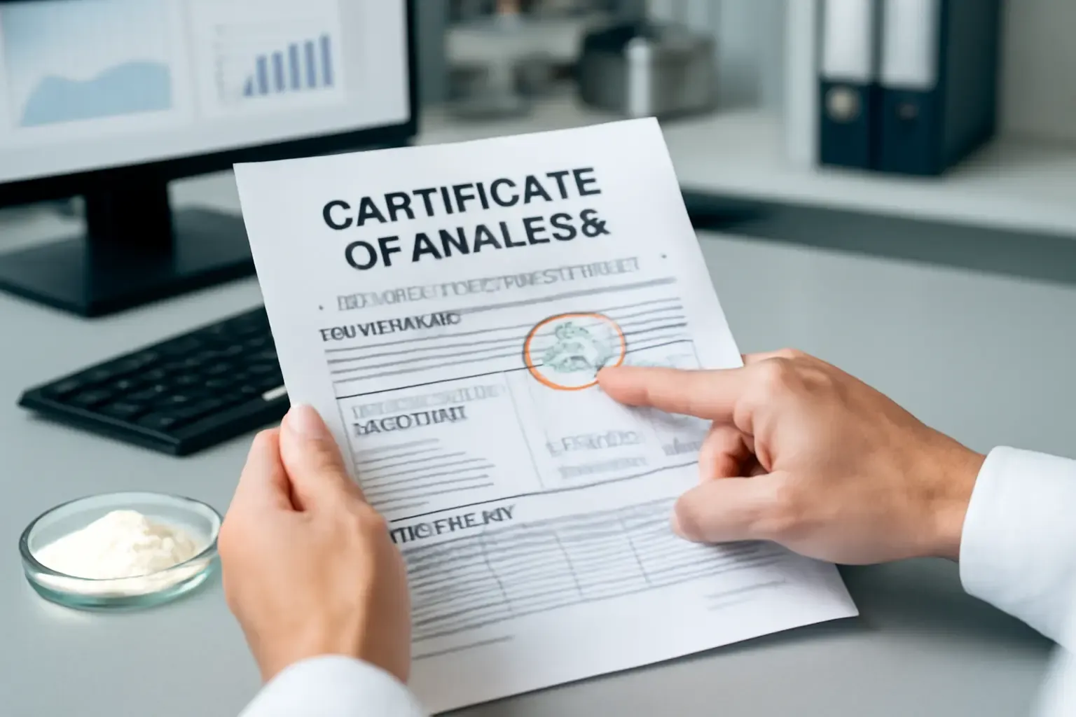 Quality control specialist reviewing a Certificate of Analysis for a dietary fiber ingredient
