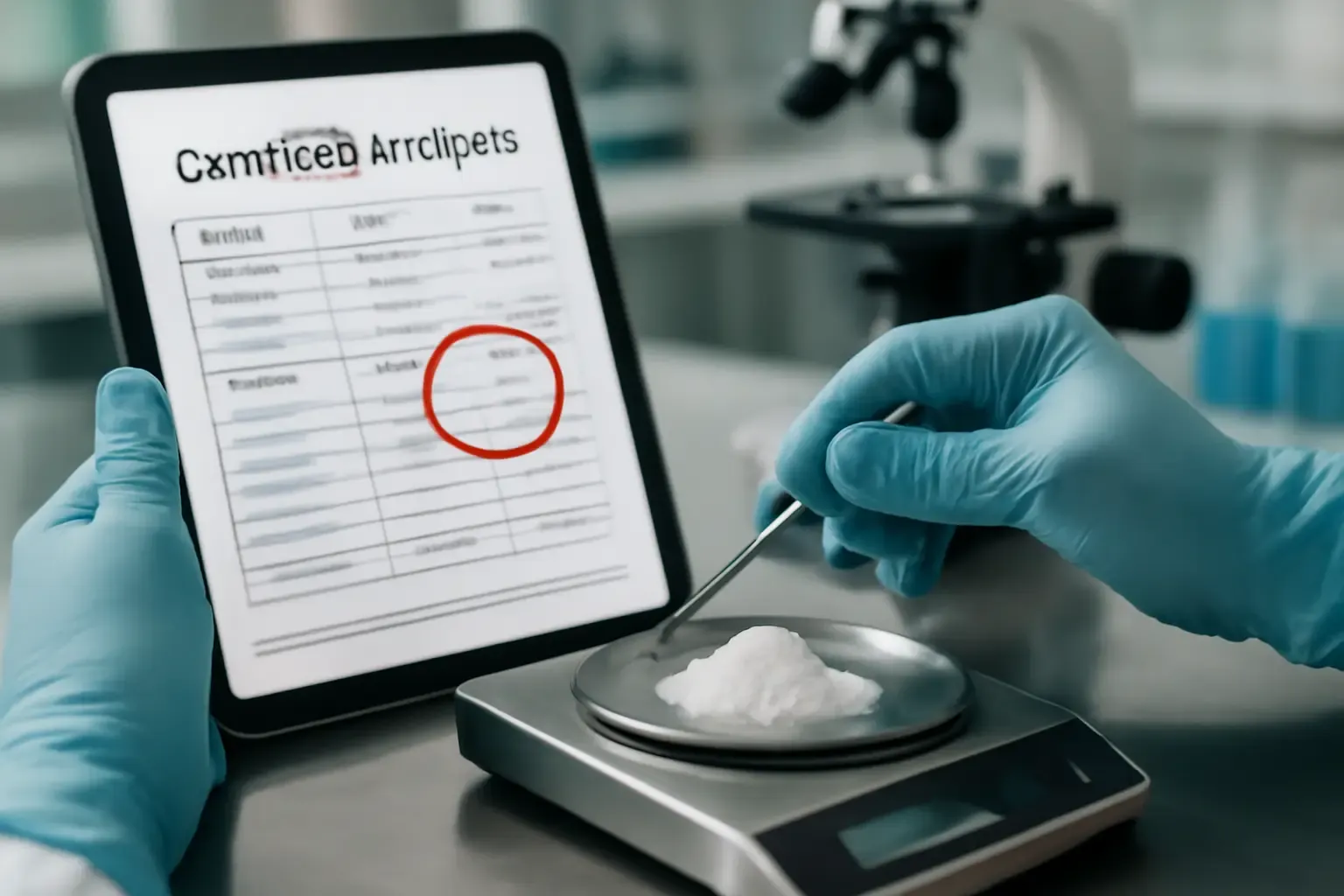 A quality control specialist in a lab compares a white powder sample against its Certificate of Analysis