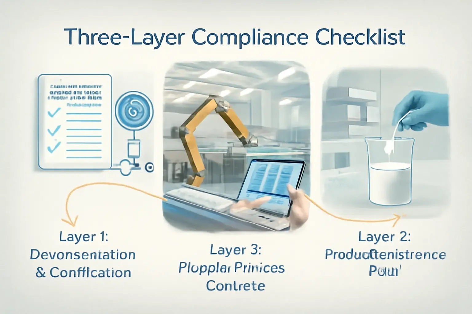 Infographic visualizing the three-layer compliance checklist: Documentation, Plant & Process, and Product Performance