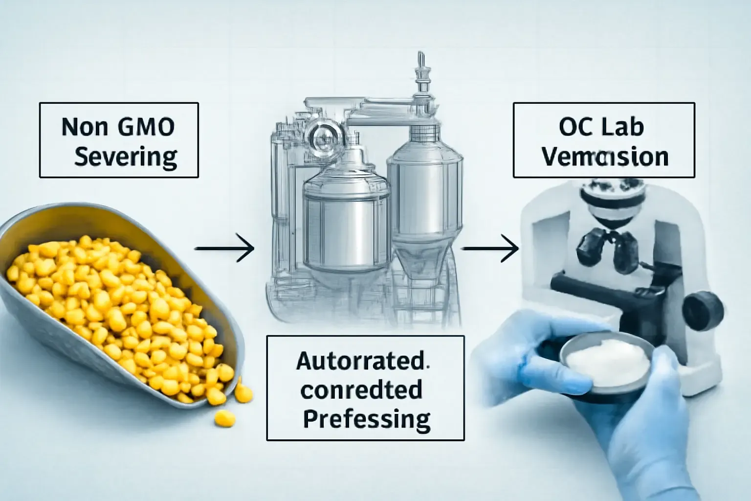 An infographic illustrating the key quality signals for sourcing dietary fiber from China, from non-GMO corn raw materials to automated production and QC lab verification.