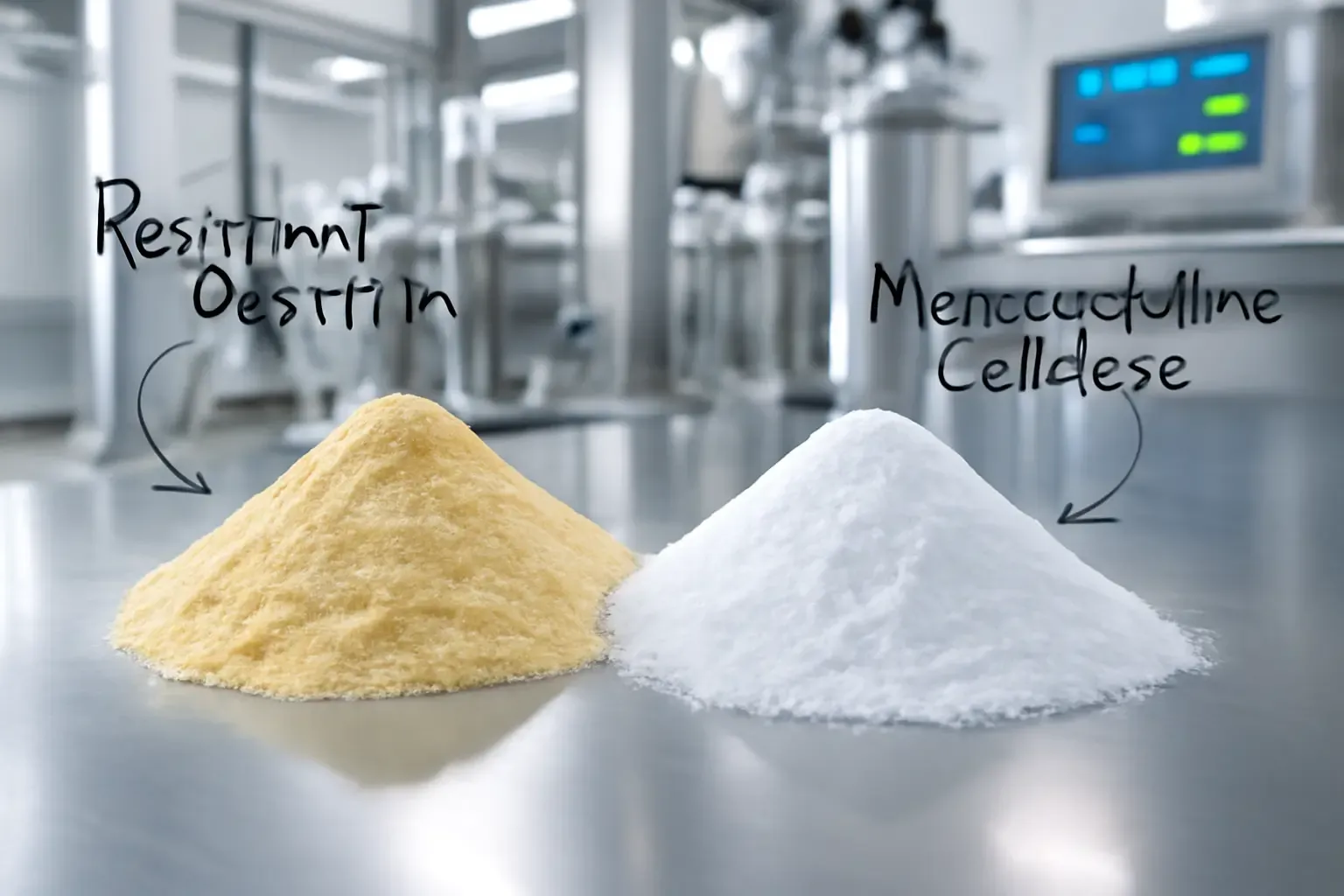 A modern, high-tech visual representing the strategic sourcing of Resistant Dextrin and Microcrystalline Cellulose from a Chinese supplier's clean manufacturing environment.