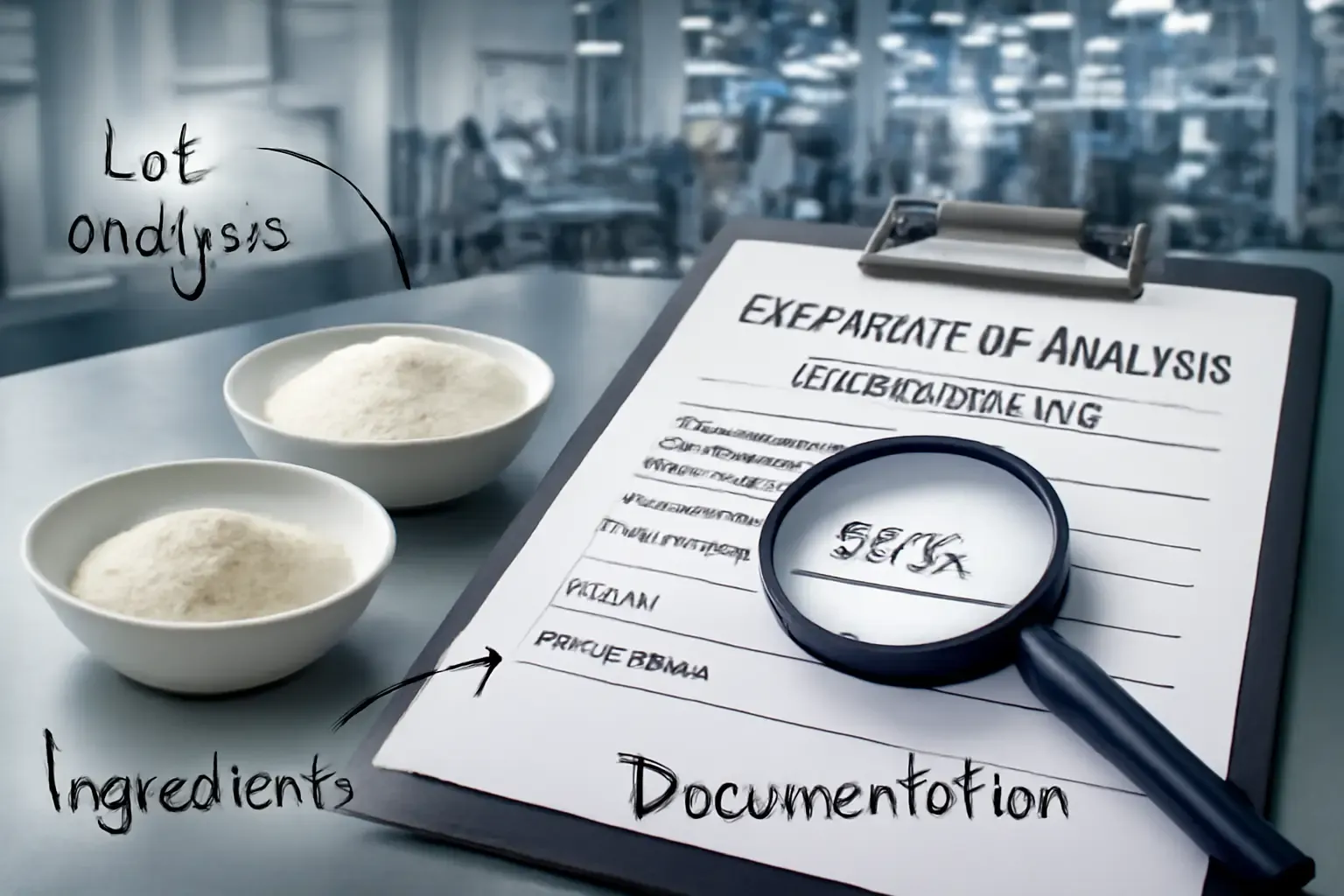 A composite image symbolizing the quality control process for sourcing dietary fibers like resistant dextrin and MCC from China