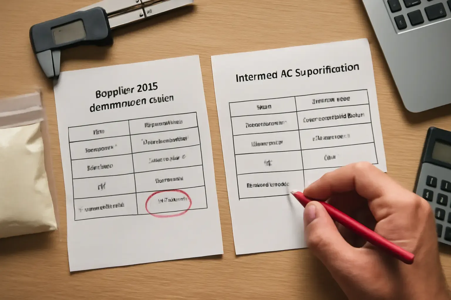 A top-down view of a procurement specialist's desk, comparing a resistant dextrin COA with internal specifications.