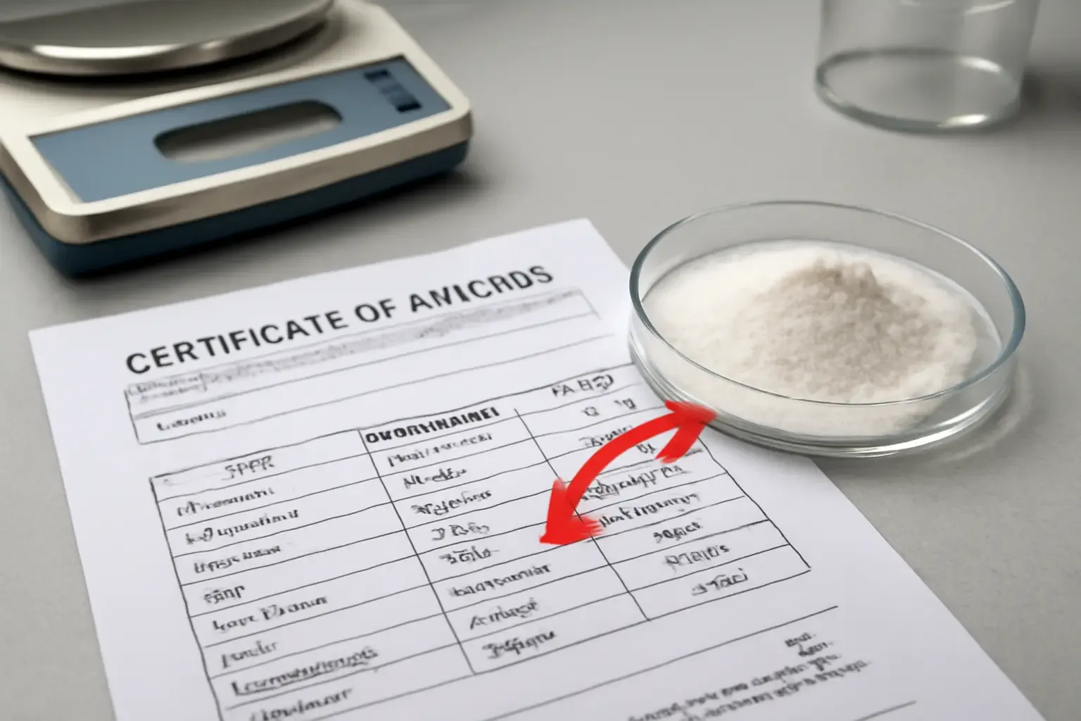 A close-up of a Certificate of Analysis (COA) for a food ingredient illustrating spec literacy