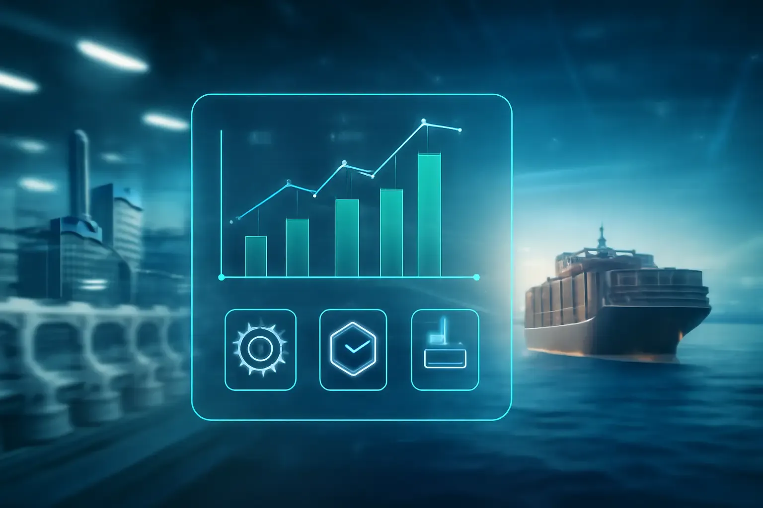 A conceptual banner illustrating the landed-cost model for sourcing industrial ingredients from China, showing a factory, logistics, and data analytics.