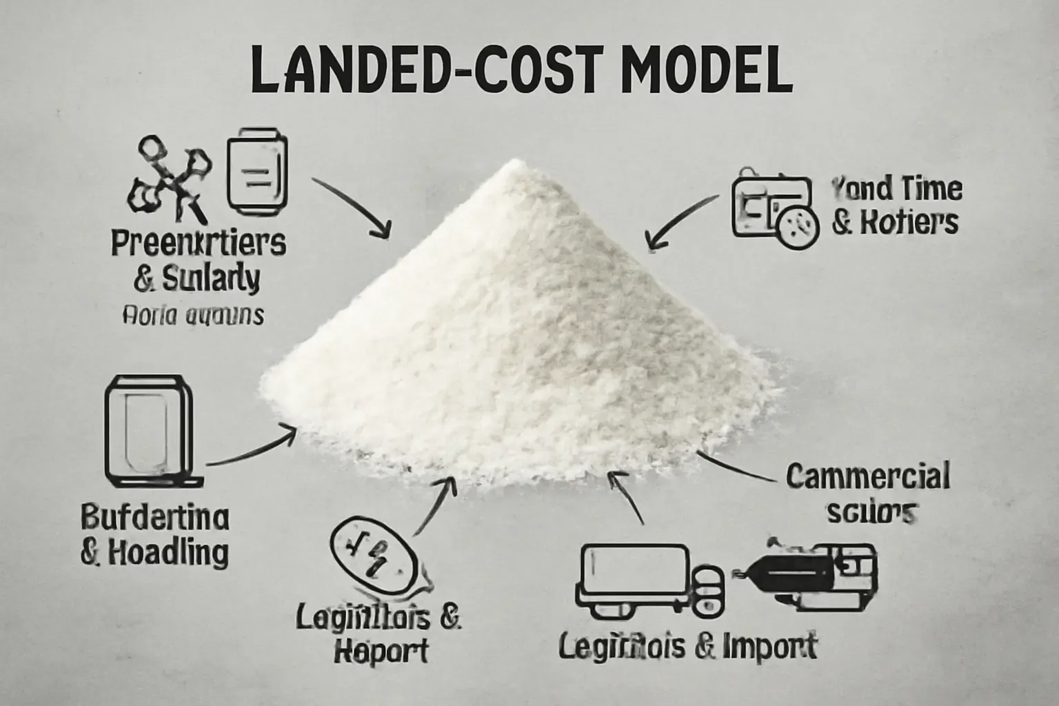An infographic breaking down the landed-cost model for resistant dextrin, showing costs from product spec, packaging, logistics, and time.