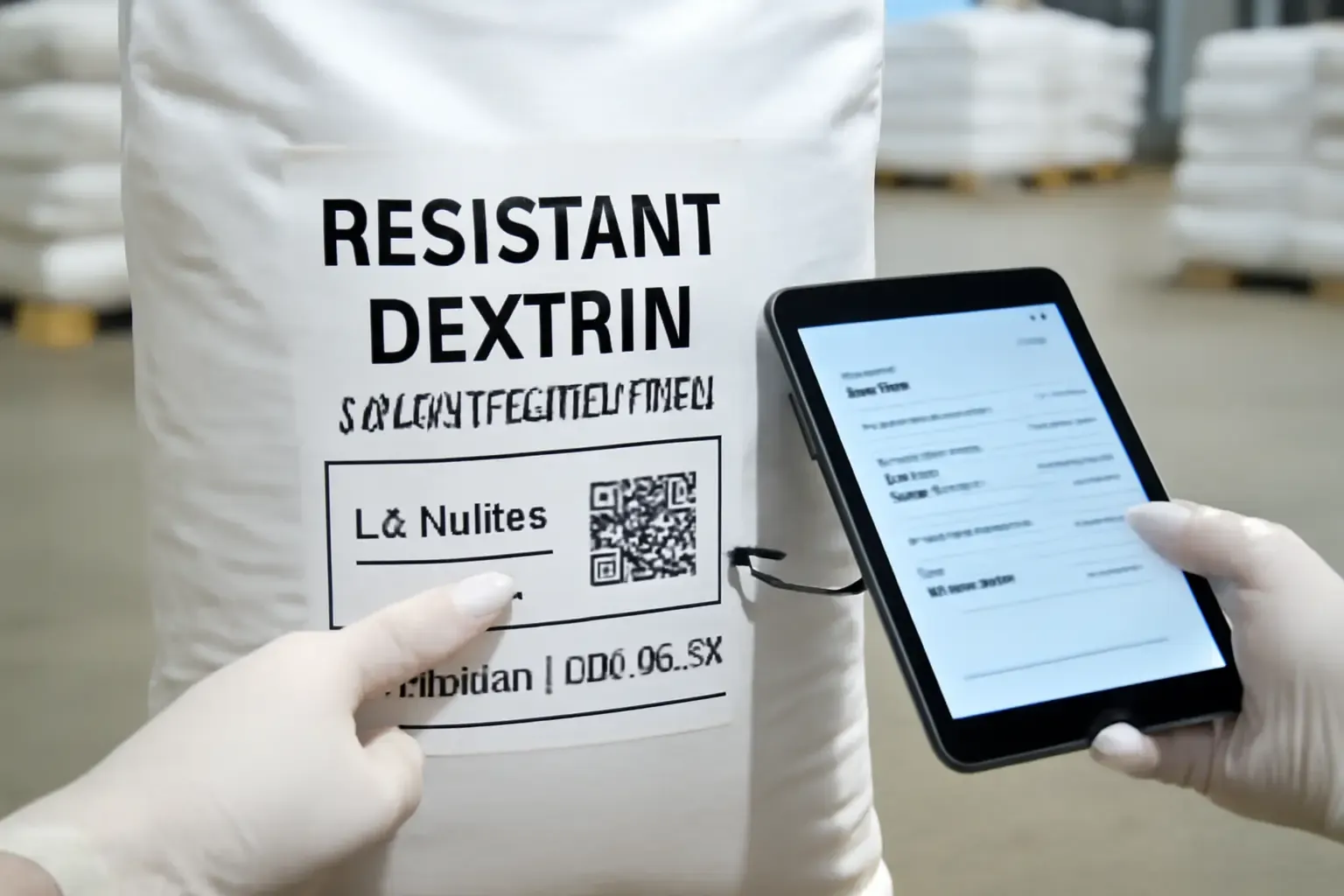 A close-up of a quality control inspector examining the label on a 25kg moisture-proof bag of resistant dextrin in a clean warehouse.